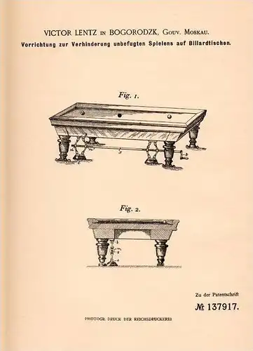 Original Patentschrift - V. Lentz in Bogorodizk , Gouv. Moskau , 1901 , Sicherung für Billiard - Tisch , Russland !!!
