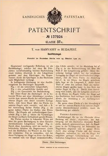 Original Patentschrift - T. von Hamvassy in Budapest , 1901 , Dachziegel , Dach , Dachdecker , Ziegel !!!