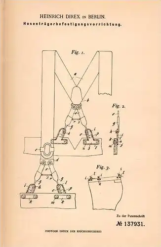 Original Patentschrift - Heinrich Direx in Berlin , 1902 , Hosenträger - Befestigung , Hosen , Hose  !!!