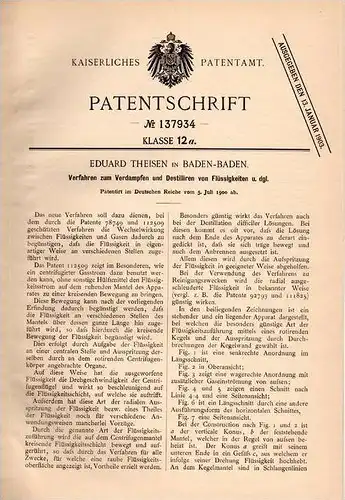 Original Patentschrift - E. Theisen in Baden-Baden , 1900 , Destillation und Verdampfung von Flüssigkeiten !!!