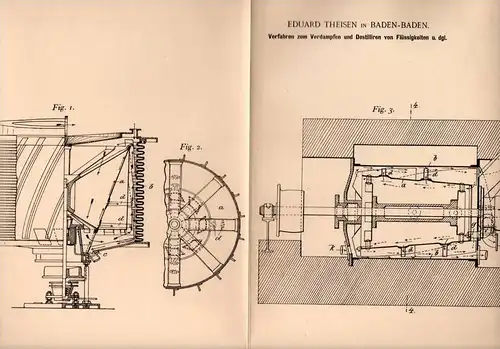 Original Patentschrift - E. Theisen in Baden-Baden , 1900 , Destillation und Verdampfung von Flüssigkeiten !!!