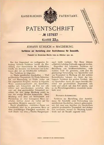 Original Patentschrift - J. Kühlich in Magdeburg , 1901 , Anstrichmasse für Schiffe , Schiff , Boot , Quecksilber !!!