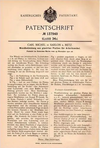 Original Patentschrift - Carl Michel in Le Sablon b. Metz , 1900 , panneaux vitrés pour le mobilier, comptoir !!!