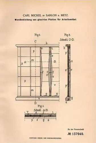 Original Patentschrift - Carl Michel in Le Sablon b. Metz , 1900 , panneaux vitrés pour le mobilier, comptoir !!!