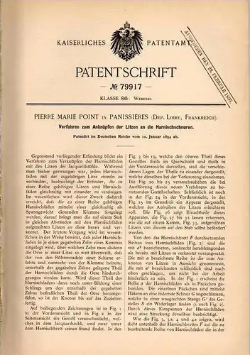 Original Patentschrift - P. Point in Panissieres , Loire , 1894 , Tissage , armures , nouage , jacquard !!!