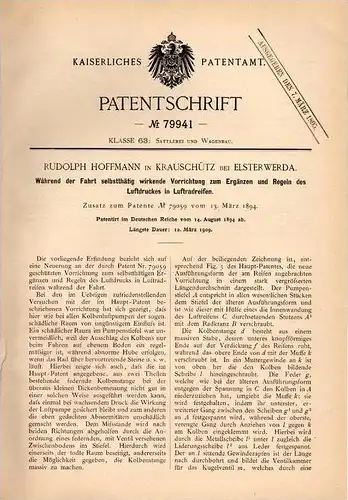 Original Patentschrift - R. Hoffmann in Krauschütz b. Elsterwerda , 1894 , Luftdruck - Apparat für Reifen !!!