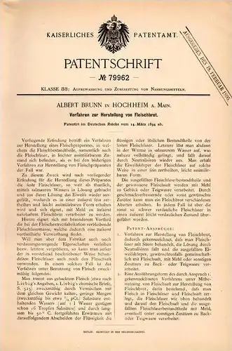 Original Patentschrift - A. Brunn in Hochheim a. Main , 1894 , Fleischbrot , Fleisch , Metzger , Fleischer , Bäckerei !!