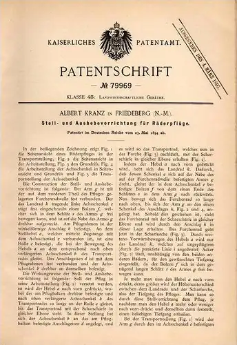 Original Patentschrift - A. Kranz in Friedeberg / Strzelce Krajenskie ,1894, Pflug , Räderpflug , Agrar , Landwirtschaft