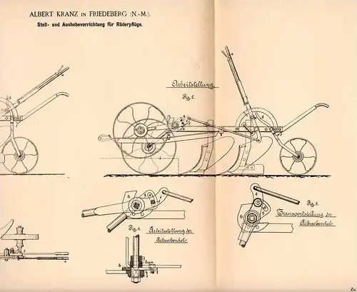 Original Patentschrift - A. Kranz in Friedeberg / Strzelce Krajenskie ,1894, Pflug , Räderpflug , Agrar , Landwirtschaft