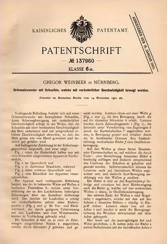 Original Patentschrift - G. Weinbeer in Nürnberg , 1901 , Grünmalzwender , Malz , Landwirtschaft !!!