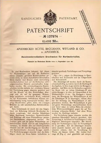 Original Patentschrift - Brügmann & Weyland in Aplerbeck , 1901 , Brechwalze für Hartmaterrial , Dortmund !!!