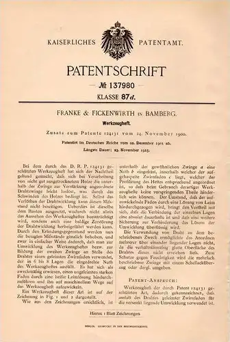 Original Patentschrift - Franke & Fickenwirth in Bamberg , 1901 , Werkzeug ,  Heft , Werkstatt !!!