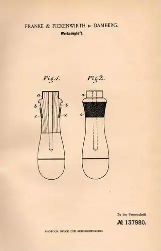 Original Patentschrift - Franke & Fickenwirth in Bamberg , 1901 , Werkzeug ,  Heft , Werkstatt !!!