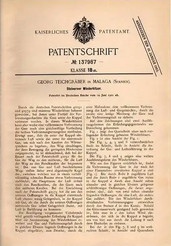 Original Patentschrift - G. Teichgräber in Malaga , Spain , 1901 , Winderhitzer aus Stein , Heizung !!!