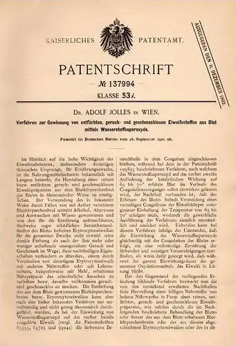 Original Patentschrift - Dr. A. Jolles in Wien , 1901 , Eiweßstoffe aus Blut mit Wasserstoffsuperoxyd , Chemie !!!