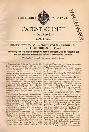 Original Patentschrift - A. Stenhouse in Broken Hill , South Wales , 1899 , Steuerung für Schieber und Ventile !!!