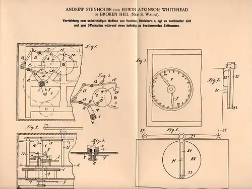 Original Patentschrift - A. Stenhouse in Broken Hill , South Wales , 1899 , Steuerung für Schieber und Ventile !!!