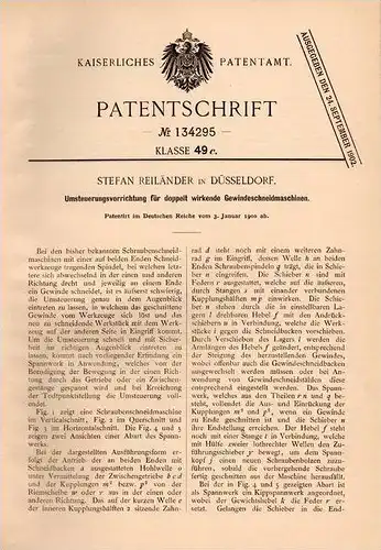 Original Patentschrift - S. Reiländer in Düsseldorf , 1900 , Umsteuerung für Gewindemaschinen , Gewinde !!!