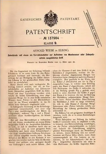 Original Patentschrift - A. Wiebe in Elbing / Elbl&#261;g , 1902 , Zahnbürste , Zahnarzt , Zahn , Gebiss !!!