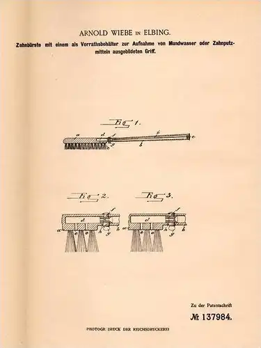 Original Patentschrift - A. Wiebe in Elbing / Elbl&#261;g , 1902 , Zahnbürste , Zahnarzt , Zahn , Gebiss !!!