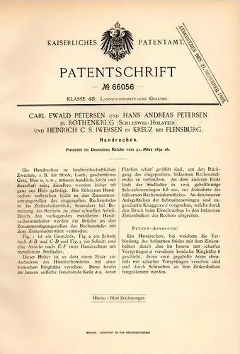 Original Patentschrift - C. Petersen in Rothenkrug / Schleswig , 1892 , Handrechen , Kreuz b. Flensburg und Rodekro !!!