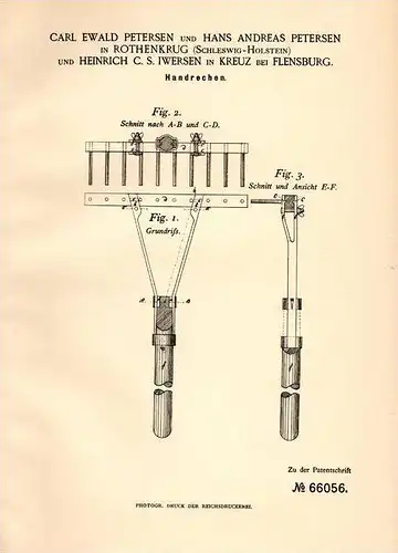 Original Patentschrift - C. Petersen in Rothenkrug / Schleswig , 1892 , Handrechen , Kreuz b. Flensburg und Rodekro !!!