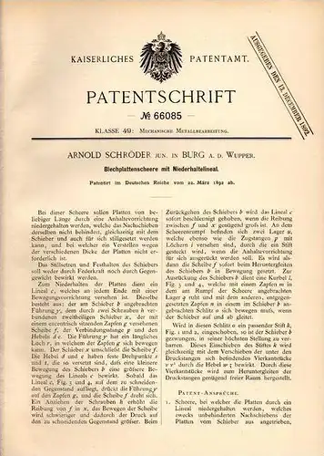 Original Patentschrift - A. Schröder in Burg a.d. Wupper , 1892 , Scheere für Blechplatten , Blech !!!