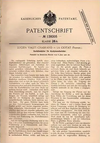 Original Patentschrift - L. Vialet-Chabrand in La Ciotat , 1901 , Acetylenentwickler - Karbidbehälter , Acetylen !!!