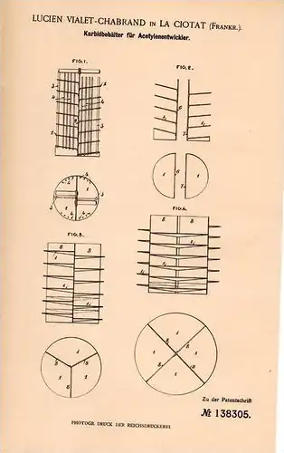 Original Patentschrift - L. Vialet-Chabrand in La Ciotat , 1901 , Acetylenentwickler - Karbidbehälter , Acetylen !!!