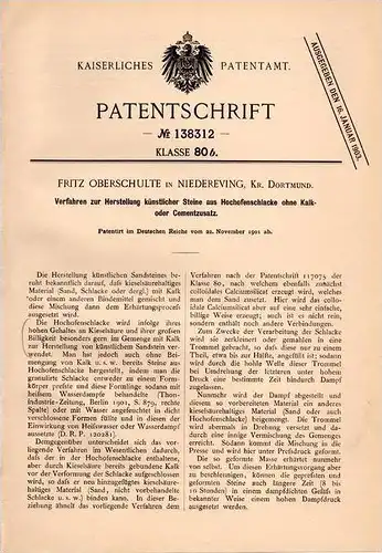 Original Patentschrift -F. Oberschulte in Niedereving / Dortmund ,1901,Kunststeine aus Hochofen - Schlacke , Obereving !