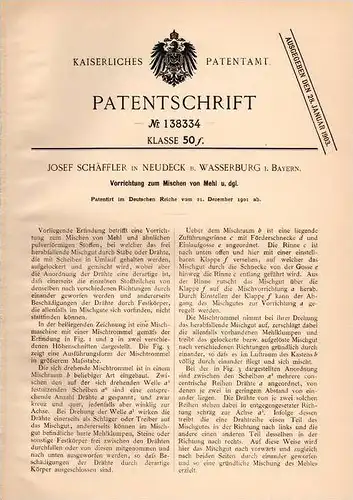 Original Patentschrift - J. Schäffler in Neudeck b. Wasserburg i. Bayern , 1901 , Apparat zum Mehl - Mischen , Bäckerei