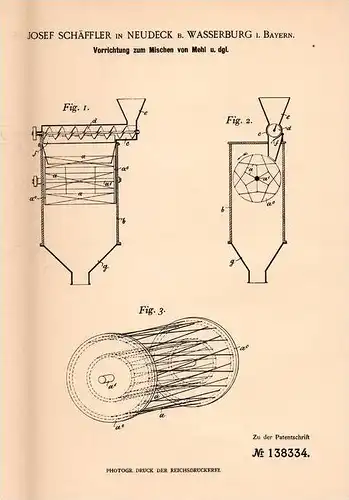 Original Patentschrift - J. Schäffler in Neudeck b. Wasserburg i. Bayern , 1901 , Apparat zum Mehl - Mischen , Bäckerei