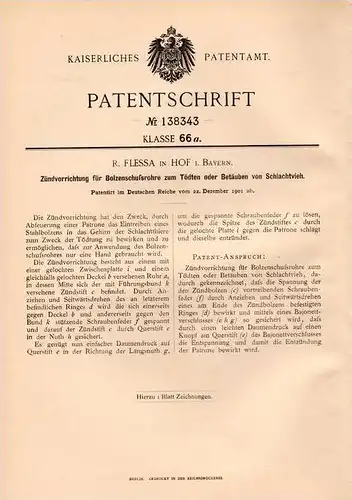 Original Patentschrift - R. Flessa in Hof i. Bayern , 1901, Gerät zum Töten von Schlachtvieh , Schlachterei , Metzgerei