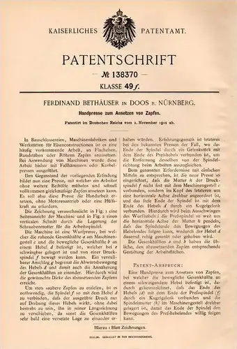 Original Patentschrift - F. Bethäuser in Doos b. Nürnberg , 1901 , Handpresse für Werkstatt !!!