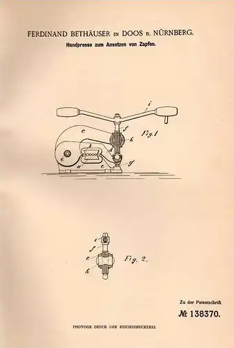 Original Patentschrift - F. Bethäuser in Doos b. Nürnberg , 1901 , Handpresse für Werkstatt !!!