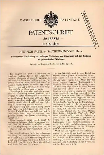 Original Patentschrift - Heinrich Faber in Salzhemmendorf , 1902 , Pneumatikapparat für Klaviatur , Klavier , Musik !!!