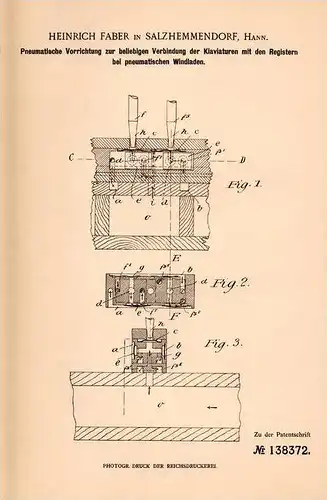 Original Patentschrift - Heinrich Faber in Salzhemmendorf , 1902 , Pneumatikapparat für Klaviatur , Klavier , Musik !!!