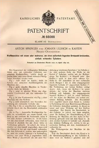 Original Patentschrift - A. Springer und J. Ullrich in Kasten b. Böheimkirchen , 1892 , Kraftmaschine mit Cylindern !!!