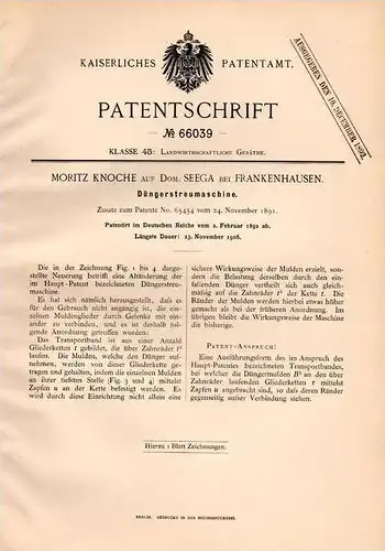 Original Patentschrift - M. Knoche in Seega b. Frankenhausen , 1892 , Düngerstreumaschine , Dünger , Landwirtschaft !!!