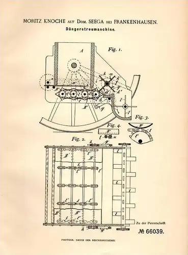 Original Patentschrift - M. Knoche in Seega b. Frankenhausen , 1892 , Düngerstreumaschine , Dünger , Landwirtschaft !!!