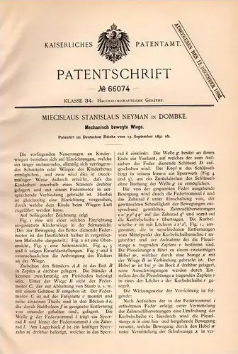 Original Patentschrift - M. Neyman in Dombke / Dabki b. Wyrzysk , 1891 , Wiege ,  Schaukel , Kinderbett , Wirsitz !!!