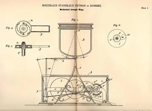 Original Patentschrift - M. Neyman in Dombke / Dabki b. Wyrzysk , 1891 , Wiege ,  Schaukel , Kinderbett , Wirsitz !!!