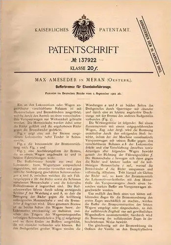 Original Patentschrift - M. Ameseder in Meran , 1901 , Bremse für Eisenbahn , Lokomotive , Lok !!!