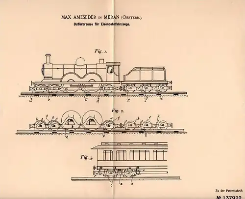 Original Patentschrift - M. Ameseder in Meran , 1901 , Bremse für Eisenbahn , Lokomotive , Lok !!!