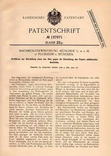 Original Patentschrift - Hausmüll - Verwertung GmbH in Puchheim b. München ,1901, Anstrich gegen Feuer , Stadtwerke Müll