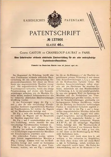 Original Patentschrift - Comte Gaston de Chasseloup - Laubat in Paris , 1901, Allumage électrique pour moteurs !!