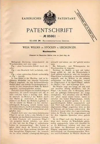 Original Patentschrift - W. Willms in Stöcken b. Leichlingen , Rhld., 1895 , Waschmaschine , Wäscherei , Wäsche !!!