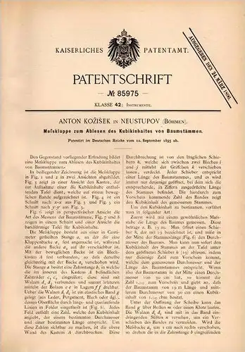 Original Patentschrift - A. Kozisek in Neustupov b. Vlasim ,1895, Messapparat für Kubikinhalt von Bäumen , Forst , Baum