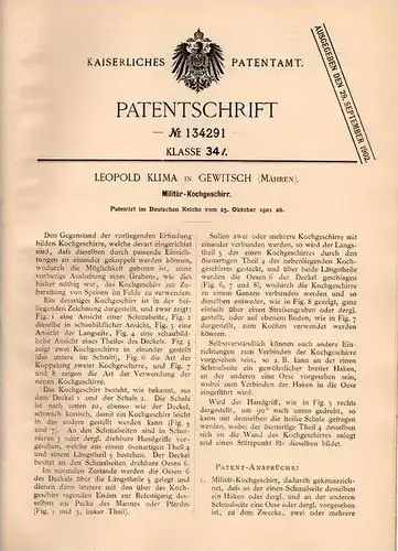 Original Patentschrift - L. Klima in Gewitsch / Jevicko ,1901, Militär - Kochgeschirr , Geschirr , Boskovice , Militaria
