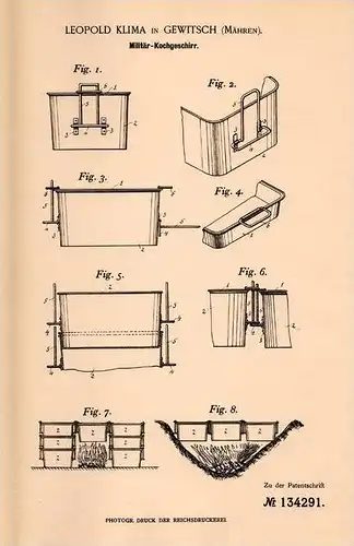 Original Patentschrift - L. Klima in Gewitsch / Jevicko ,1901, Militär - Kochgeschirr , Geschirr , Boskovice , Militaria